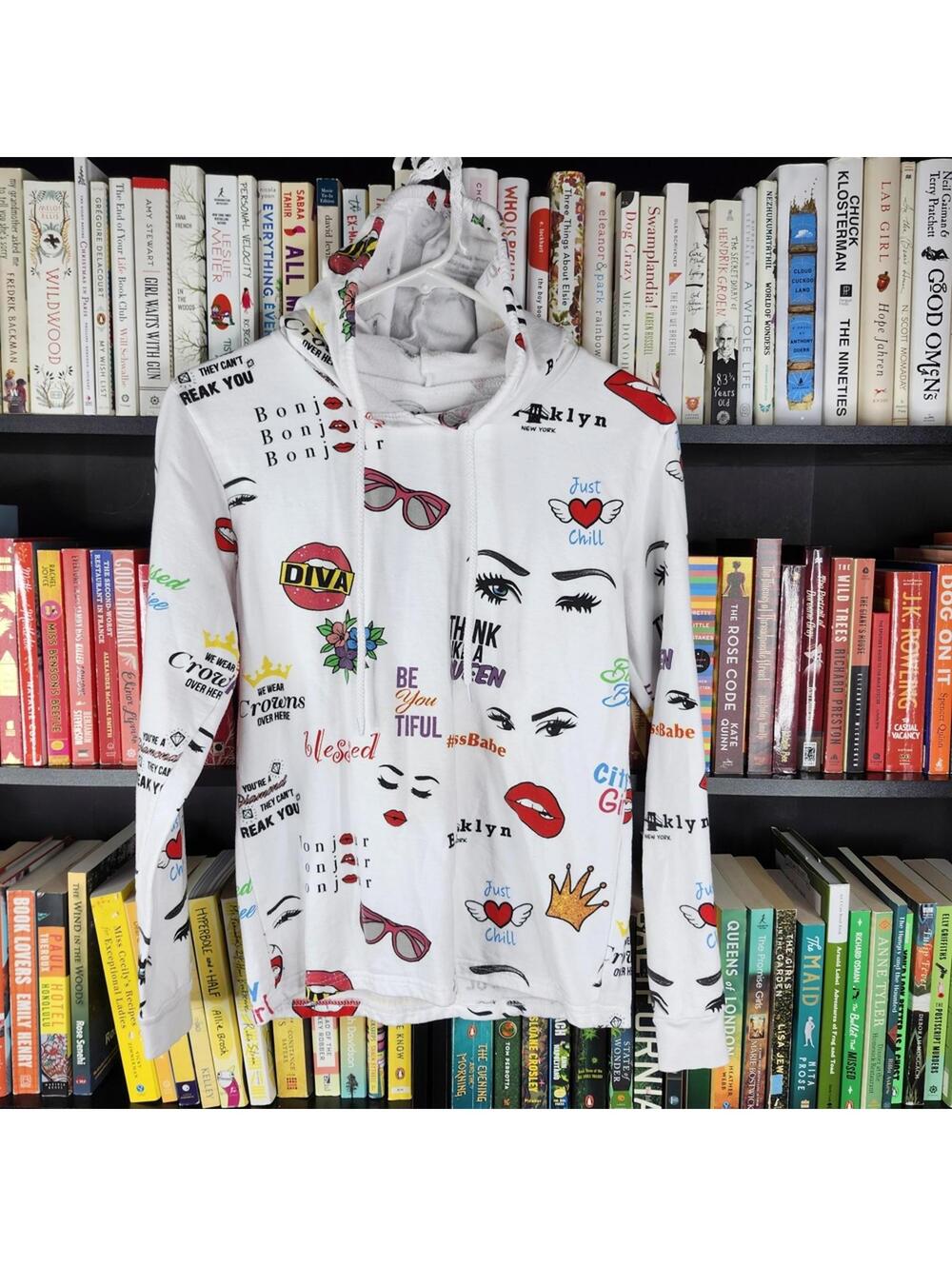 On Fire White Hoodie with Vibrant Graphics Graffiti Large